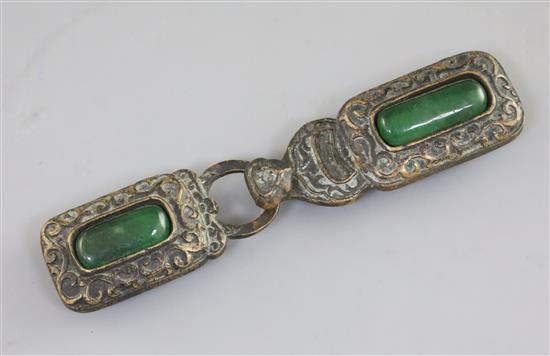 A Chinese bronze and jadeite mounted two piece belt buckle, L. 15.5cm